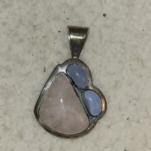 Sterling‎ Silver Rose Quartz Blue Chalcedony Pendant Artisan 925 Modernist